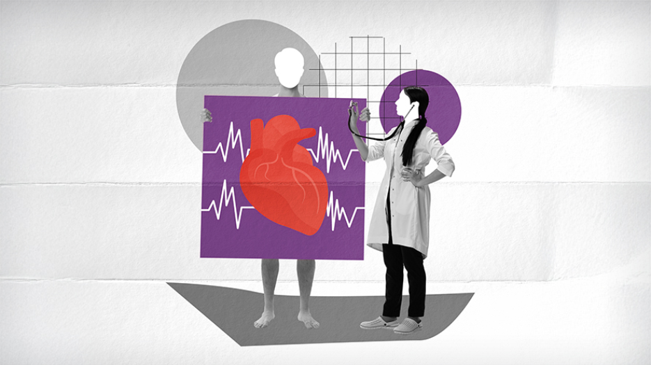 Mixed media illustration of faceless male patient holding an image of a heart and a faceless female physician using a stethoscope to examine the heart